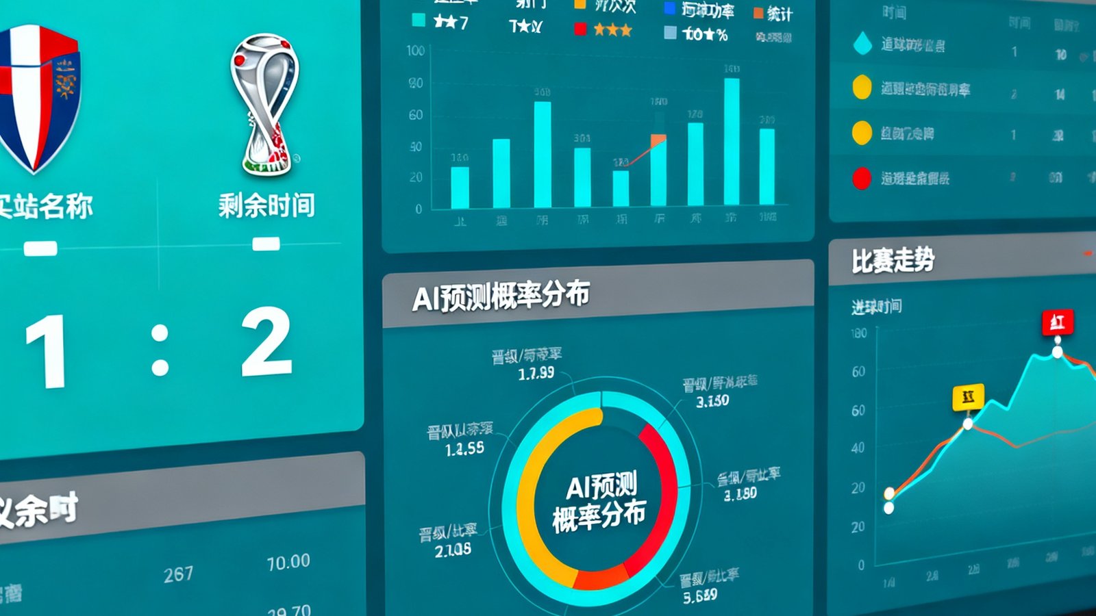 2026世界杯数据平台仪表盘界面，显示实时比分、球队数据、AI预测概率分布及比赛走势图